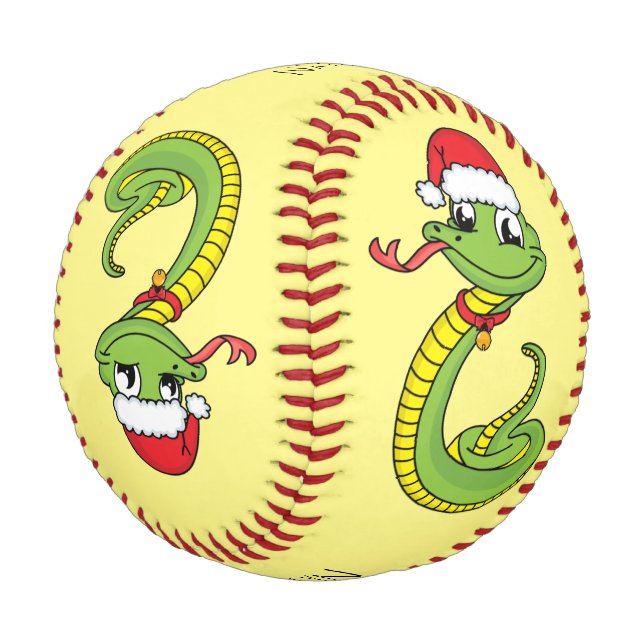 Cute green snake with santa hat cartoon baseball (Angled)