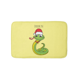 Cute green snake with santa hat cartoon bath mat