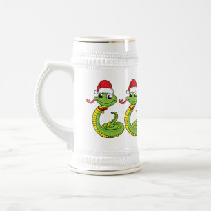 Cute green snake with santa hat cartoon beer stein