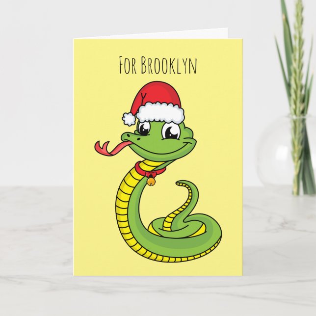 Cute green snake with santa hat cartoon card (Front)