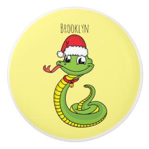 Cute green snake with santa hat cartoon ceramic knob