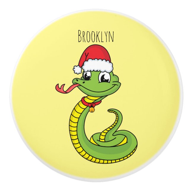 Cute green snake with santa hat cartoon ceramic knob (Front)