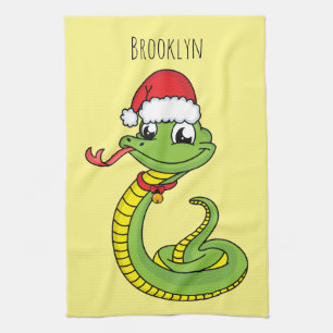 Cute green snake with santa hat cartoon kitchen towel