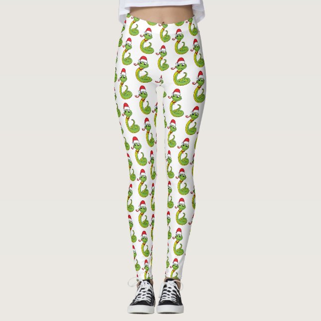 Cute green snake with santa hat cartoon leggings (Front)