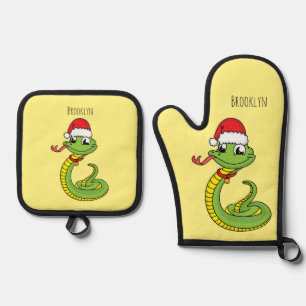 Cute green snake with santa hat cartoon oven mitt & pot holder set