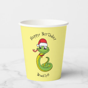 Cute green snake with santa hat cartoon paper cups