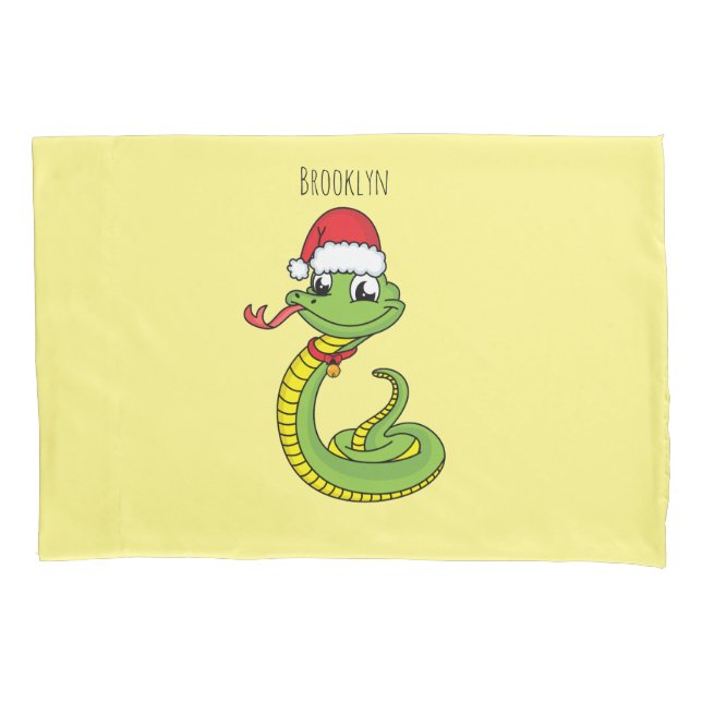 Cute green snake with santa hat cartoon pillowcase (Front)