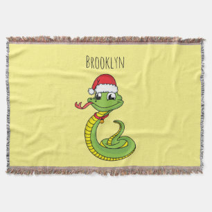 Cute green snake with santa hat cartoon throw blanket