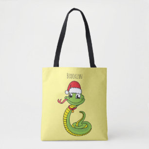 Cute green snake with santa hat cartoon tote bag