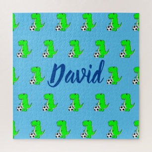 Cute Green Soccer Dino T-Rex On Blue Jigsaw Puzzle