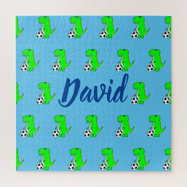 Cute Green Soccer Dino T-Rex On Blue Jigsaw Puzzle (Vertical)