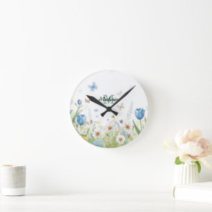 Cute Green Spring Flower Wildflower Bouquet Monogr Round Clock