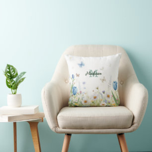 Cute Green Spring Flower Wildflower Bouquet Monogr Throw Pillow