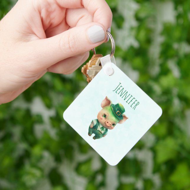 Cute Green St. Patrick's Day Pig Keychain (Hand)