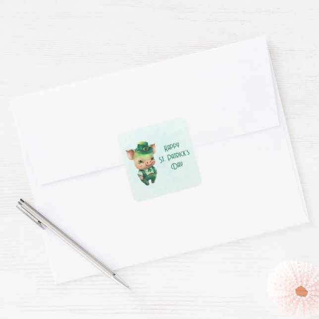 Cute Green St. Patrick's Day Pig Square Sticker (Envelope)