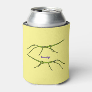 Cute green stick insects with happy faces cartoon can cooler
