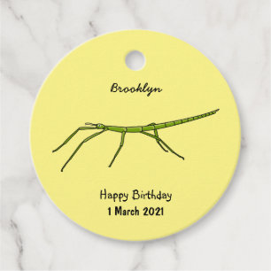 Cute green stick insects with happy faces cartoon favour tags