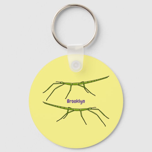 Cute green stick insects with happy faces cartoon keychain (Front)