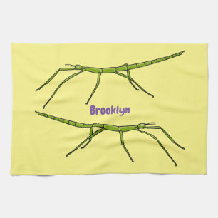 Cute green stick insects with happy faces cartoon kitchen towel