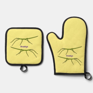 Cute green stick insects with happy faces cartoon oven mitt & pot holder set