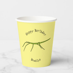 Cute green stick insects with happy faces cartoon paper cups