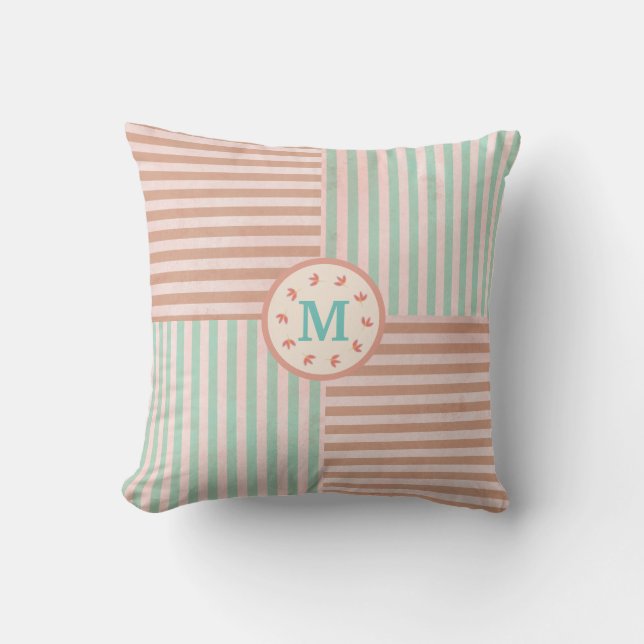 Cute Green Stripe Monogram Throw Pillow (Front)