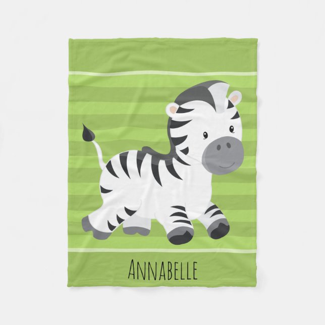 Cute Green Stripe Safari Jungle Baby Zebra Animal Fleece Blanket (Front)
