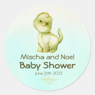 Cute Green T Rex Dinosaur Boys Baby Shower Classic Round Sticker