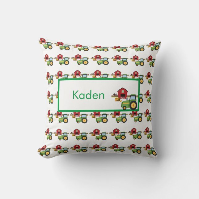 Cute green tractor and red barn personalized  throw pillow (Front)