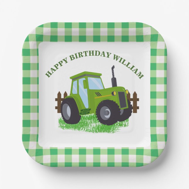 Cute Green Tractor Birthday Party  Paper Plate (Front)