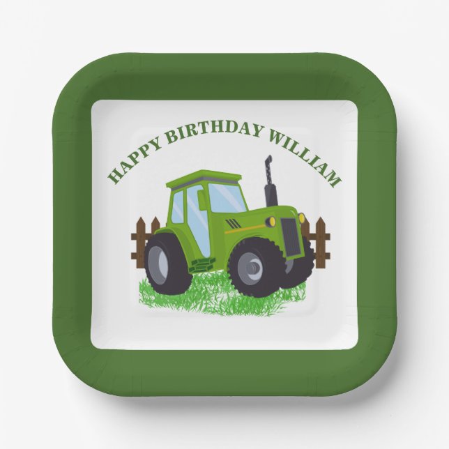 Cute Green Tractor Birthday Party  Paper Plate (Front)