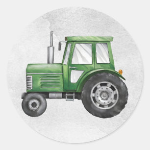 Cute Green Tractor Farm Watercolor Kids Classic Round Sticker
