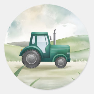 Cute Green Tractor Farm Watercolor Kids Classic Round Sticker