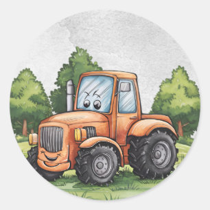 Cute Green Tractor Farm Watercolor Kids Classic Round Sticker