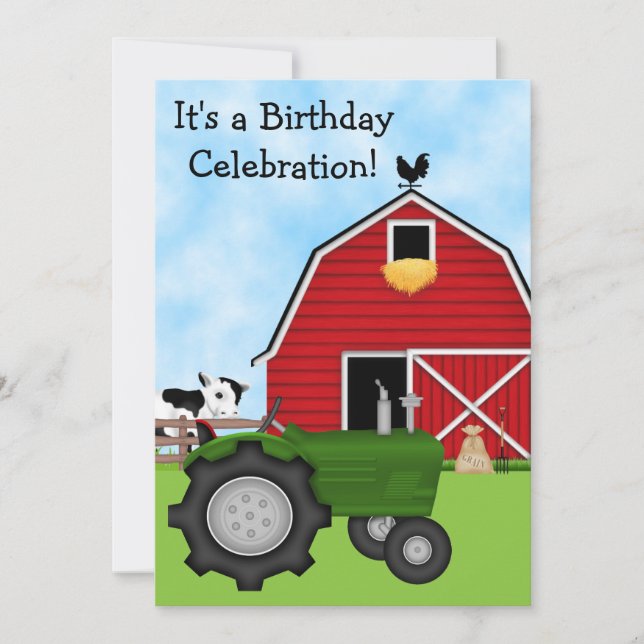 Cute Green Tractor, Red Barn and Cow Farm Birthday Invitation (Front)