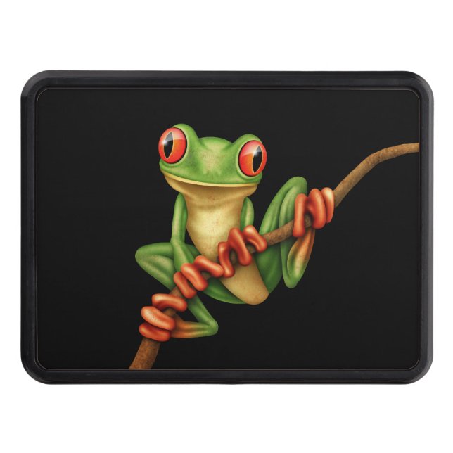 Cute Green Tree Frog on a Branch on Black Trailer Hitch Cover (Front)