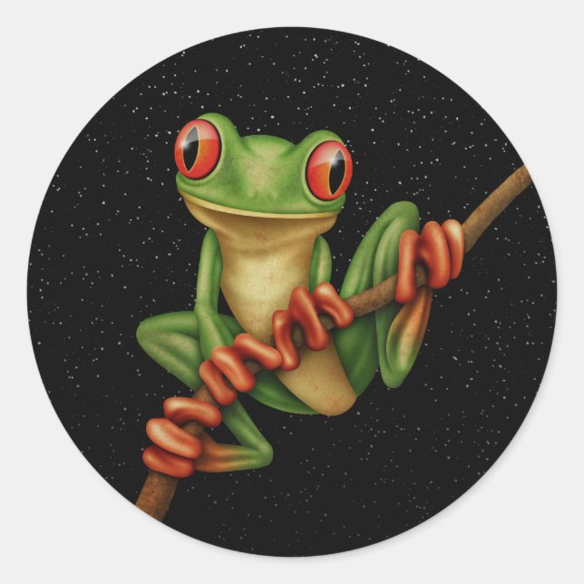 Cute Green Tree Frog on a Branch with Stars Classic Round Sticker (Front)
