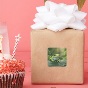 Cute Green Tree Frog on Leaf Square Sticker