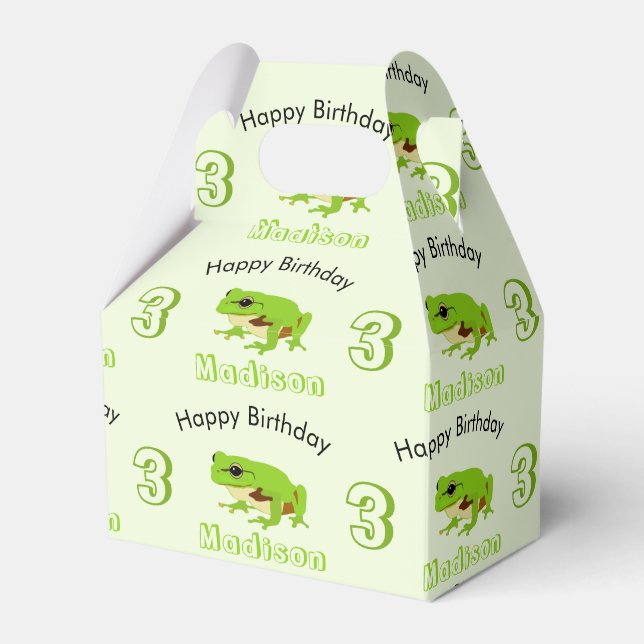 Cute Green Tree Frog Pattern Name Age Birthday  Favor Box (Front Side)
