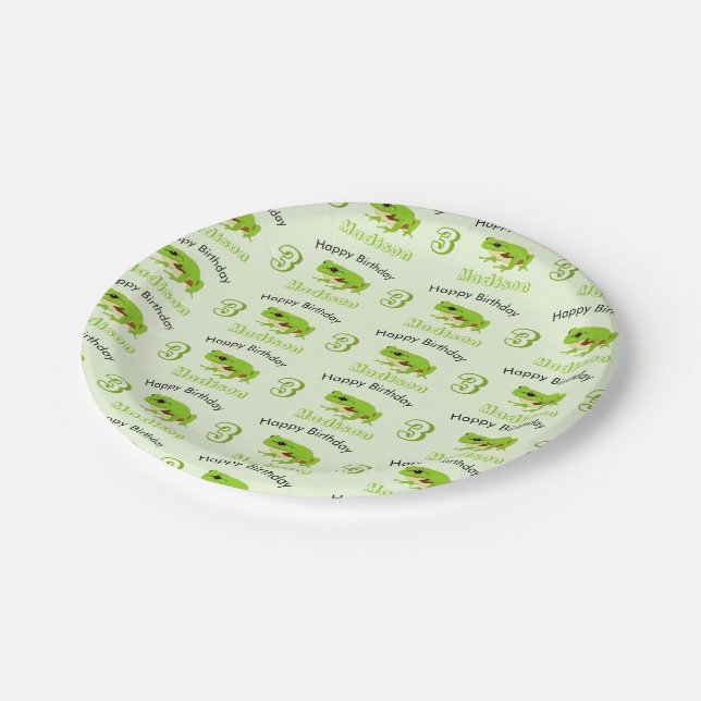Cute Green Tree Frog Pattern Name Age Birthday  Paper Plate (Angled)