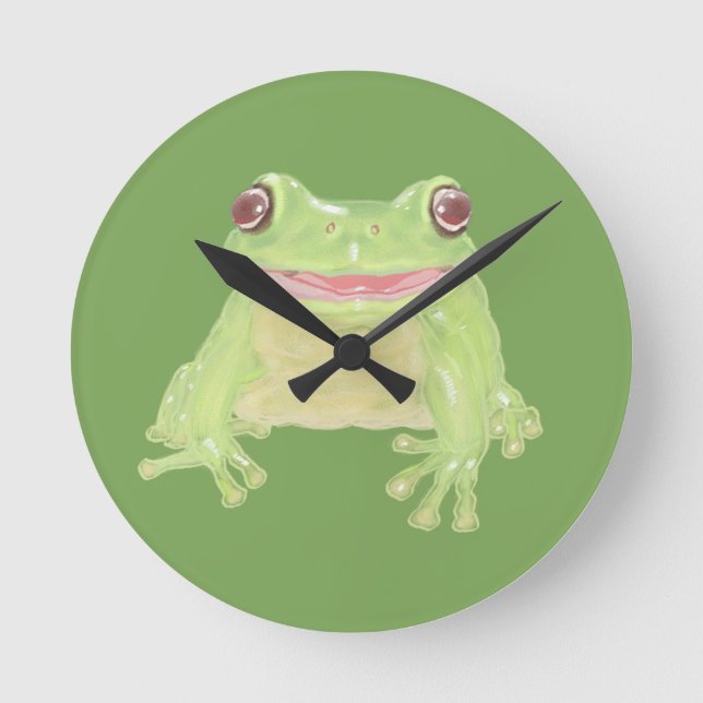 Cute Green Tree Frog - transparent.  Round Clock (Front)