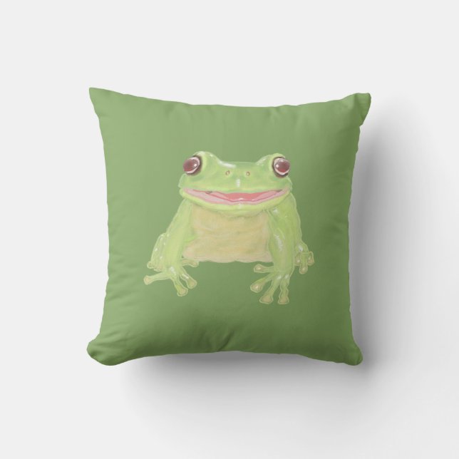 Cute Green Tree Frog - transparent.  Throw Pillow (Front)