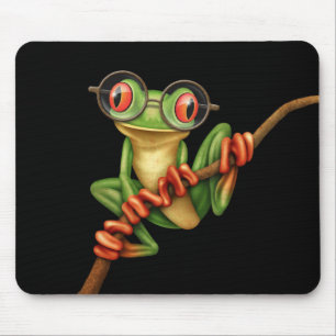 Cute Green Tree Frog with Eye Glasses on Black Mouse Pad