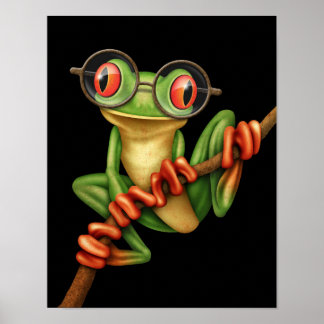 Cute Green Tree Frog with Eye Glasses on Black Poster