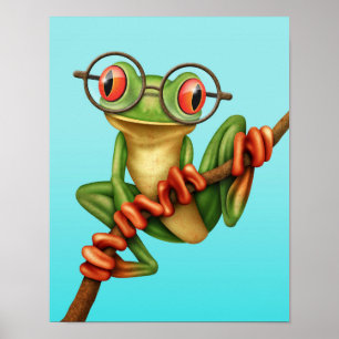 Cute Green Tree Frog with Eye Glasses on Blue Poster