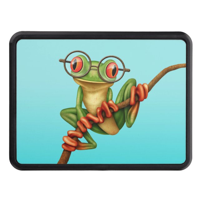 Cute Green Tree Frog with Eye Glasses on Blue Trailer Hitch Cover (Front)