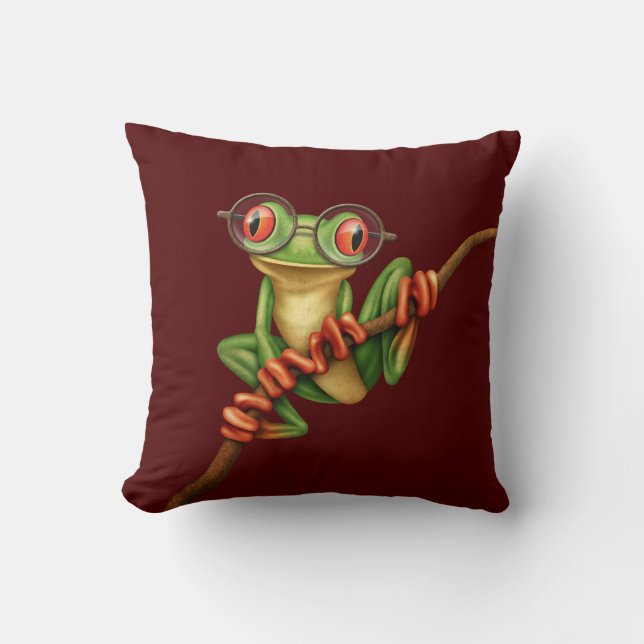 Cute Green Tree Frog with Eye Glasses on Red Throw Pillow (Front)