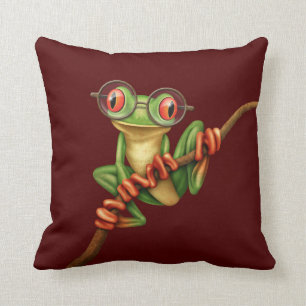Cute Green Tree Frog with Eye Glasses on Red Throw Pillow