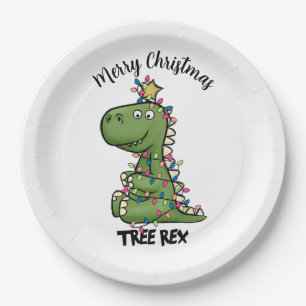 Cute Green Tree Rex Dino Lights Merry Christmas Paper Plate