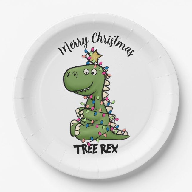 Cute Green Tree Rex Dino Lights Merry Christmas Paper Plate (Front)